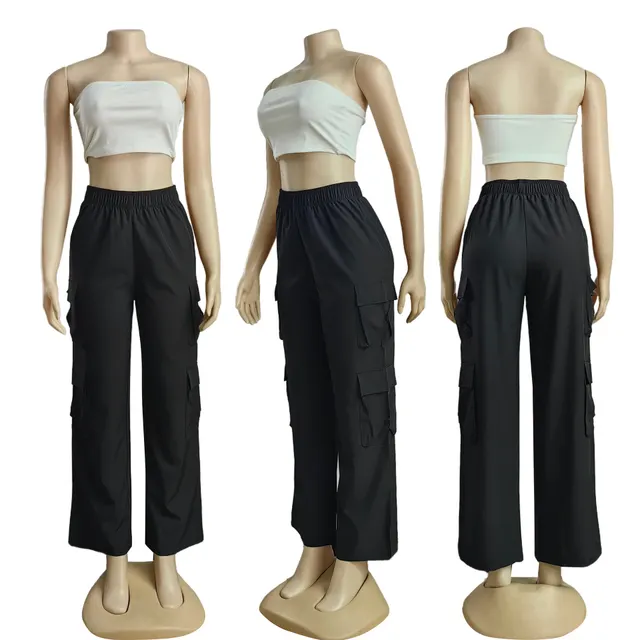 Casual Simple Trendy Multi pocket Solid Color Overalls Black - Shop at LoveMi