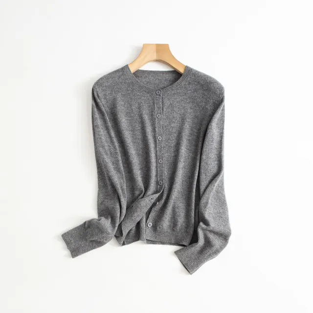 Spring Round Neck Knitted Cardigan Women's Thin Long Sleeve Sweater Coat Gray - Shop at LoveMi