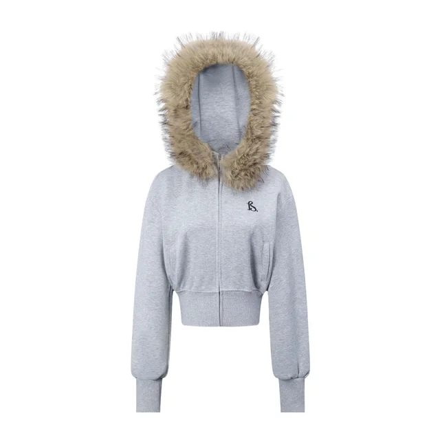 American Retro Short Fur Collar Detachable Hoodie Coat Gray - Shop at LoveMi