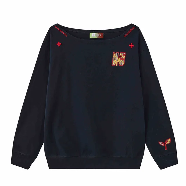 Women's Paste Cloth Embroidery Slant Shoulder Loose Long Sleeve Top Navy Blue - Shop at LoveMi