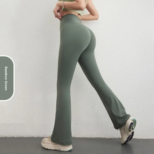 Women's Hip Raise High Waist Pocket Sports Bell bottom Pants Bamboo Green - Shop at LoveMi