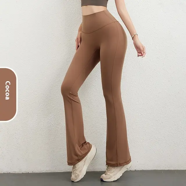 Women's Hip Raise High Waist Pocket Sports Bell bottom Pants Cocoa Color - Shop at LoveMi