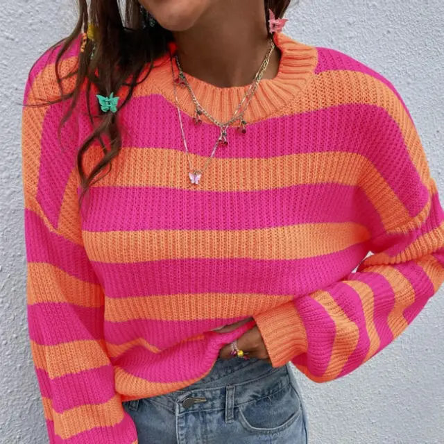 Autumn And Winter New Contrast Color Loose Shoulder Striped Pullover Sweater Coral Color Matching - Shop at LoveMi