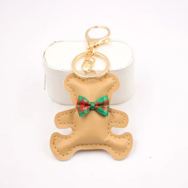 Little Bear Cute Bow Tie Leather Backpack Pendant Car Key Ring Khaki - Shop at LoveMi