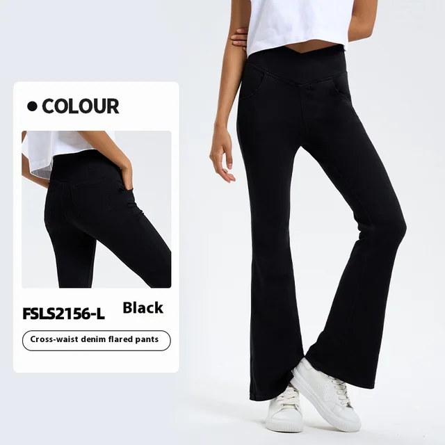 Cross Waist Jeans Women's High Elastic Hip Lifting Sport Bell bottom Pants Black - Shop at LoveMi