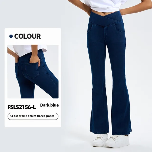 Cross Waist Jeans Women's High Elastic Hip Lifting Sport Bell bottom Pants Dark Blue - Shop at LoveMi