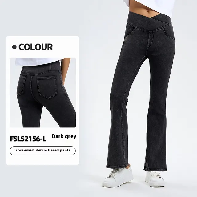 Cross Waist Jeans Women's High Elastic Hip Lifting Sport Bell bottom Pants Dark Gray - Shop at LoveMi