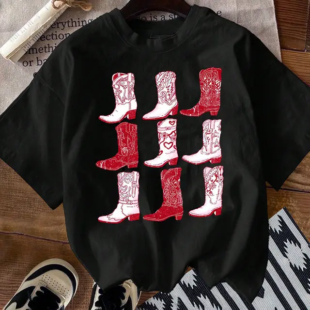 Fashion Retro Boots Printed T shirt For Women Black With Red Pattern - Shop at LoveMi