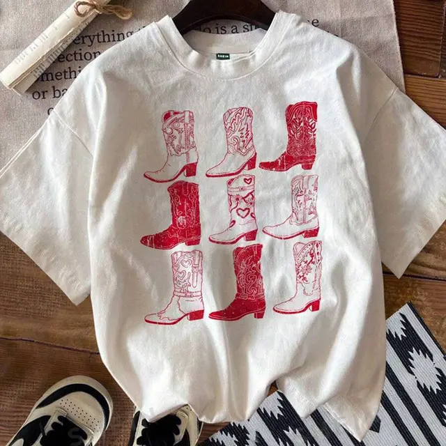 Fashion Retro Boots Printed T shirt For Women White Clothes Red Figure - Shop at LoveMi