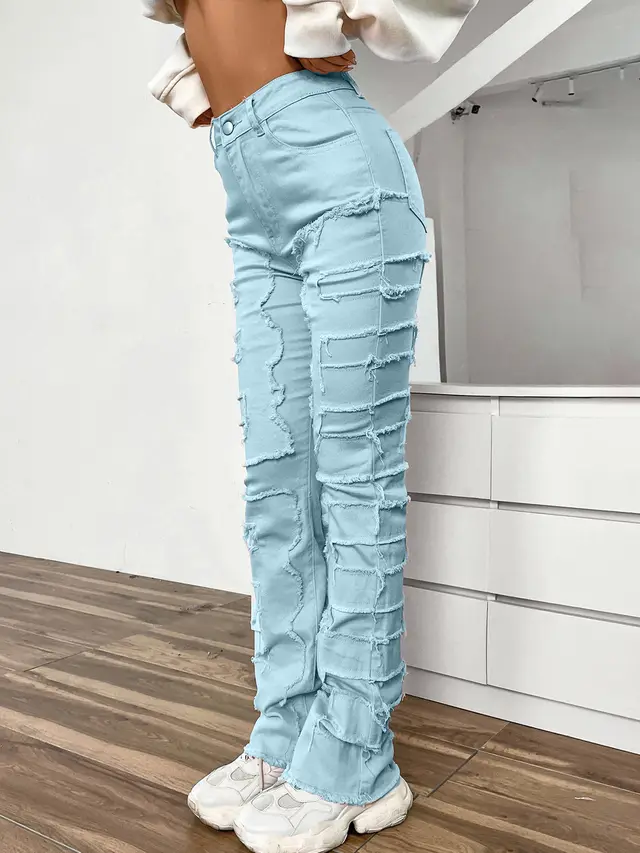 Women's Embroidered Straight leg Pants Fashion I Stretch Patchwork Jeans Azure - Shop at LoveMi