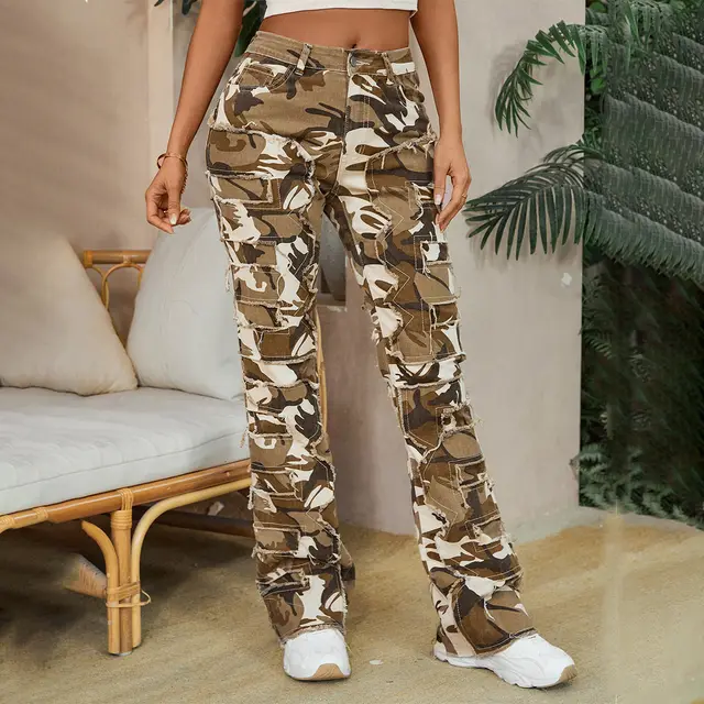 Women's Embroidered Straight leg Pants Fashion I Stretch Patchwork Jeans Camouflage - Shop at LoveMi