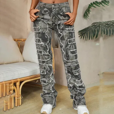 Women's Embroidered Straight leg Pants Fashion I Stretch Patchwork Jeans Gray - Shop at LoveMi