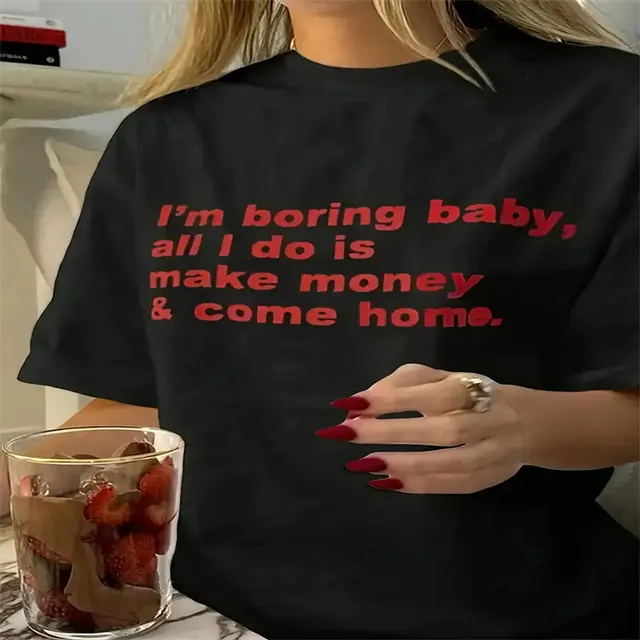 Women's Fashionable English Printed Short sleeved T shirt Black - Shop at LoveMi
