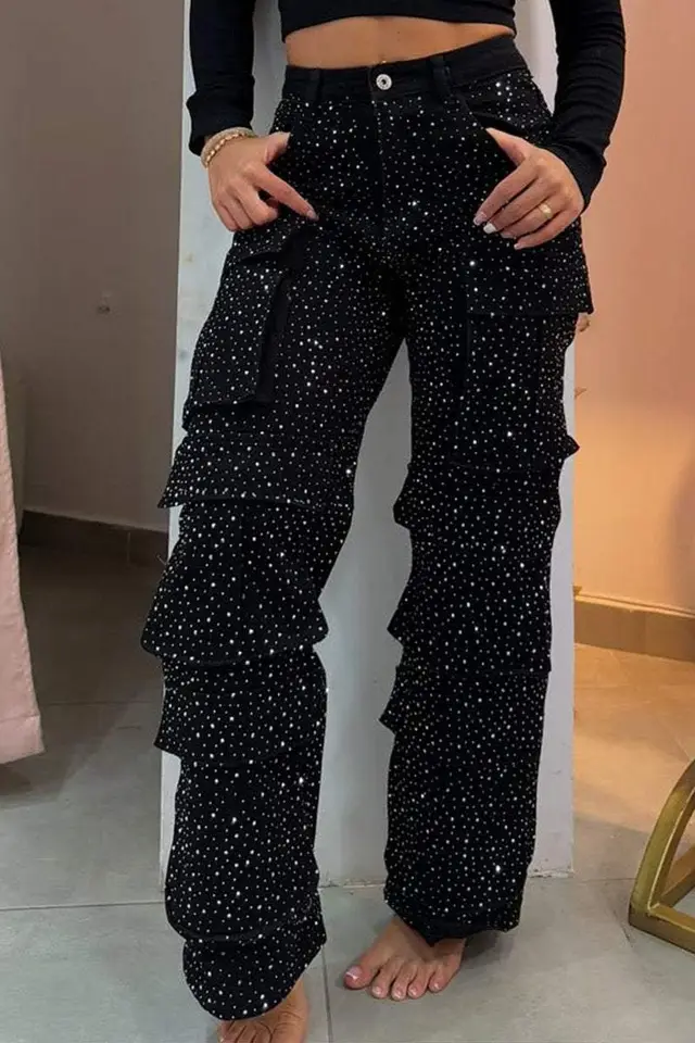 Women's Casual Jeans With Pockets And Diamonds Overalls Black - Shop at LoveMi