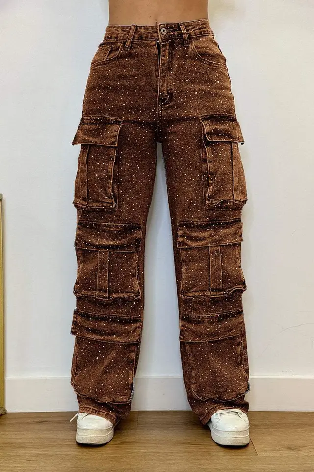Women's Casual Jeans With Pockets And Diamonds Overalls Brown - Shop at LoveMi