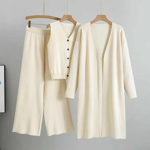 Elegant Knitting Suit Sleeveless Vest Sweater Cardigan Pants Three piece Set Apricot - Shop at LoveMi