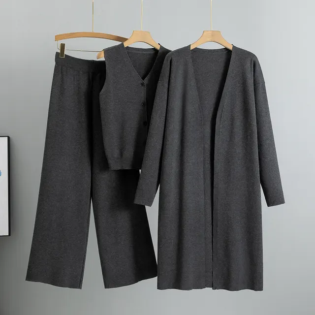 Elegant Knitting Suit Sleeveless Vest Sweater Cardigan Pants Three piece Set Dark Gray - Shop at LoveMi