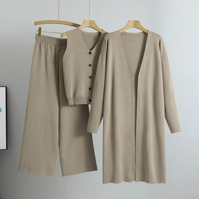 Elegant Knitting Suit Sleeveless Vest Sweater Cardigan Pants Three piece Set Khaki - Shop at LoveMi