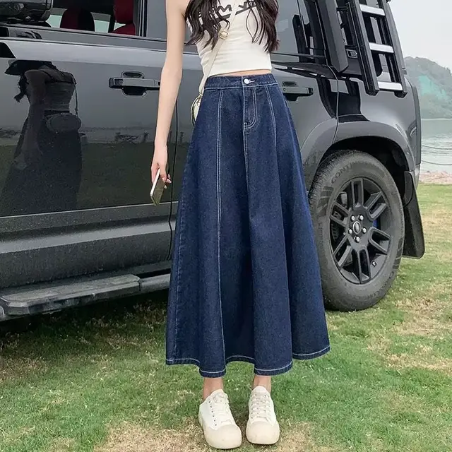 Denim Skirt Women's Mid length Autumn Dark Blue - Shop at LoveMi