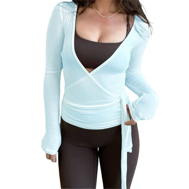 Women's Long sleeved Sports Top Fashion Knitwear Lake Blue - Shop at LoveMi