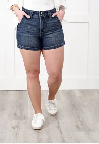 New Summer Women's Fashion High Waist Double Buckle Denim Shorts - Dark Blue