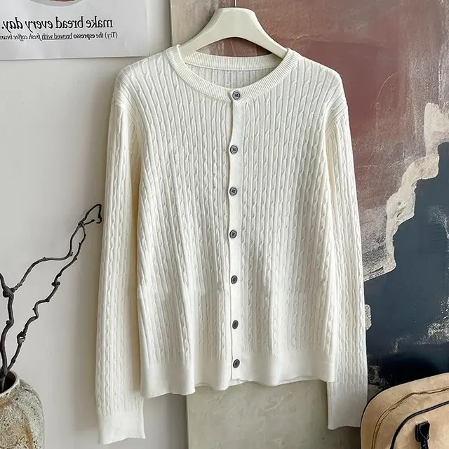 Core spun Yarn Embroidery Twist Soft Glutinous Knitted Cardigan Top Apricot - Shop at LoveMi