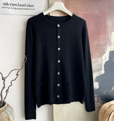 Core spun Yarn Embroidery Twist Soft Glutinous Knitted Cardigan Top Black - Shop at LoveMi