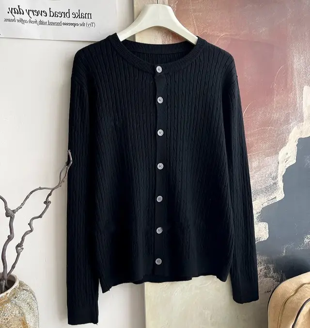 Core spun Yarn Embroidery Twist Soft Glutinous Knitted Cardigan Top Black - Shop at LoveMi