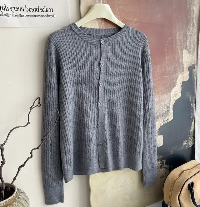 Core spun Yarn Embroidery Twist Soft Glutinous Knitted Cardigan Top Gray - Shop at LoveMi