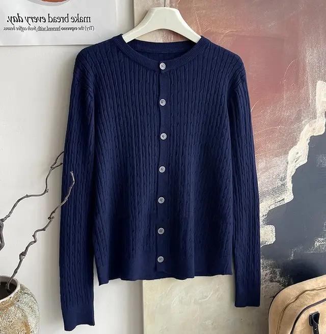 Core spun Yarn Embroidery Twist Soft Glutinous Knitted Cardigan Top Navy Blue - Shop at LoveMi
