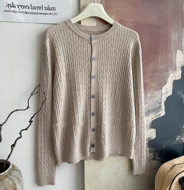 Core-spun Yarn Embroidery Twist Soft Glutinous Knitted Cardigan Top - Oatmeal Color - View 1