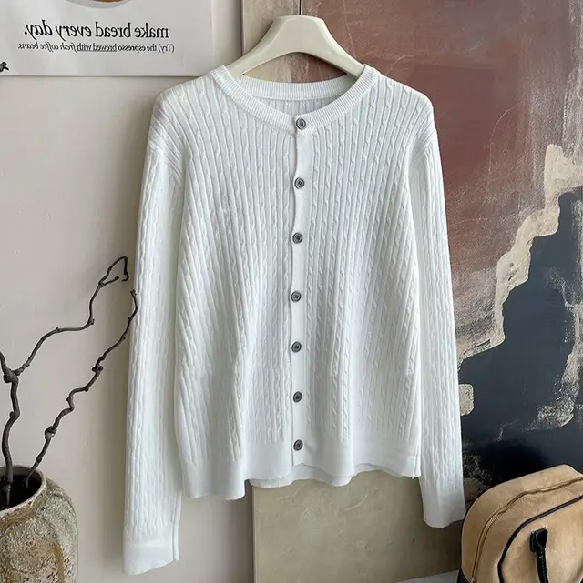 Core spun Yarn Embroidery Twist Soft Glutinous Knitted Cardigan Top White - Shop at LoveMi