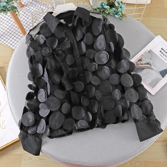 Women's Three dimensional Flower Chiffon Gauzy Shirt Black - Shop at LoveMi