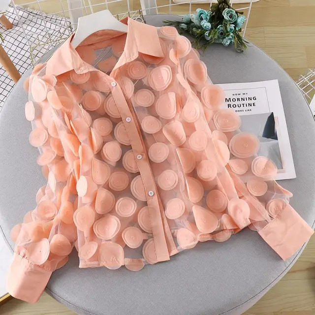 Women's Three dimensional Flower Chiffon Gauzy Shirt Pink - Shop at LoveMi