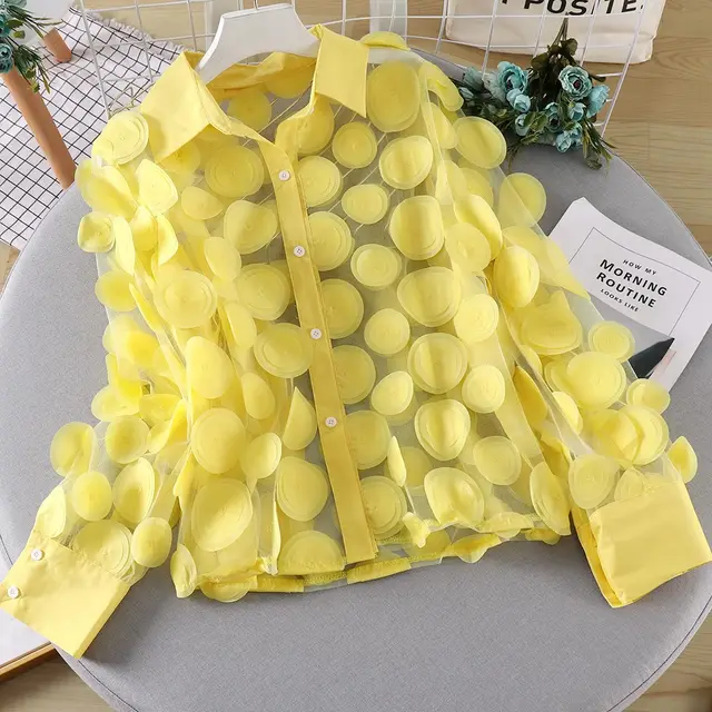 Women's Three dimensional Flower Chiffon Gauzy Shirt Yellow - Shop at LoveMi