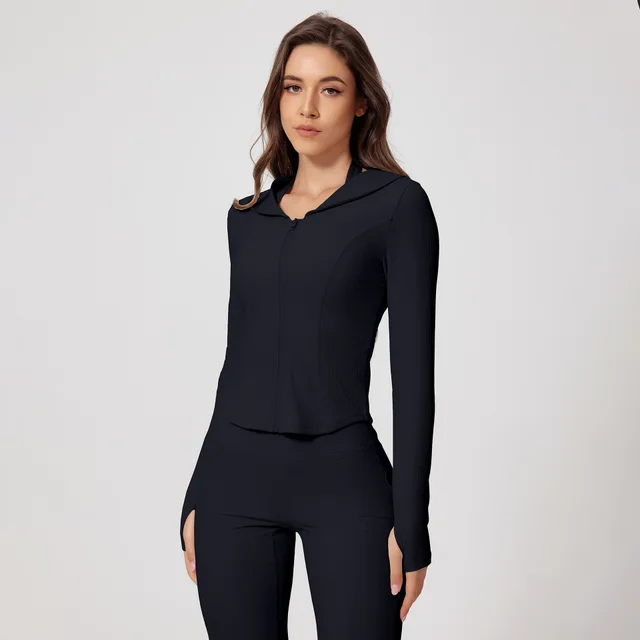 Threaded Long Sleeve Skinny Yoga Clothes Black - Shop at LoveMi