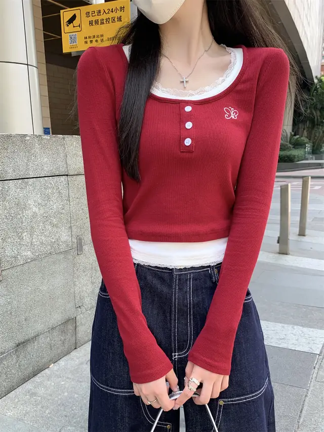 Contrast Color Round Neck Lace Edge Long Sleeve Short Top Red - Shop at LoveMi