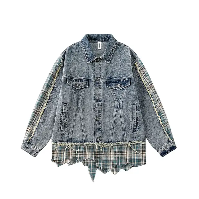 Retro Irregular Patchwork Stripes Raw Edge Denim Jacket Blue - Shop at LoveMi