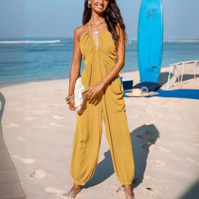 Back Lace up Wide Leg Beam Foot Length Jumpsuit Yellow - Shop at LoveMi