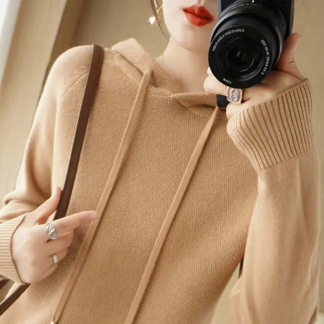 Ladies Hooded Bottoming Shirt Casual Sweatshirt Golden Camel - Shop at LoveMi