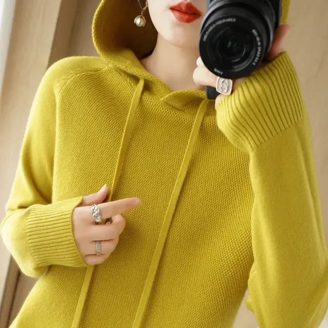 Ladies Hooded Bottoming Shirt Casual Sweatshirt Mustard Yellow - Shop at LoveMi