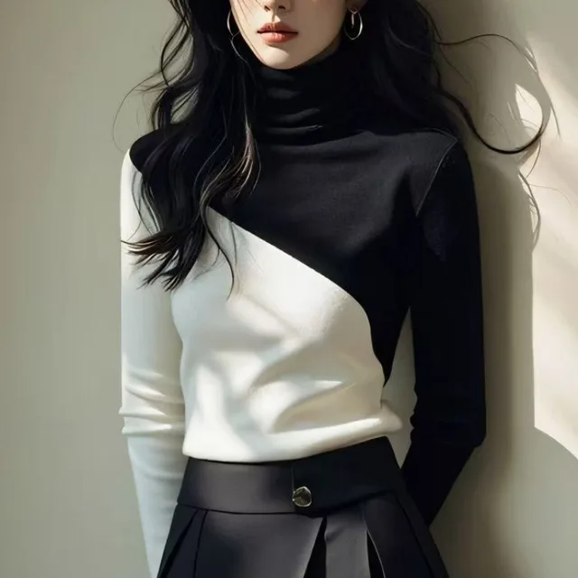 Long Sleeve Contrast Color Top Advanced Black And White Two Colors - Shop at LoveMi