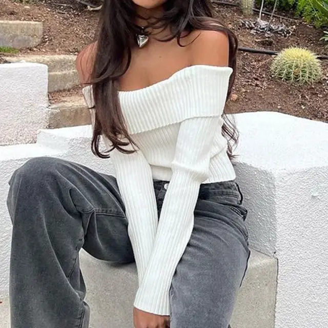 European And American Fashion Short Knitwear Long Sleeve Off the shoulder Off the neck Pullover Sweater White - Shop at LoveMi