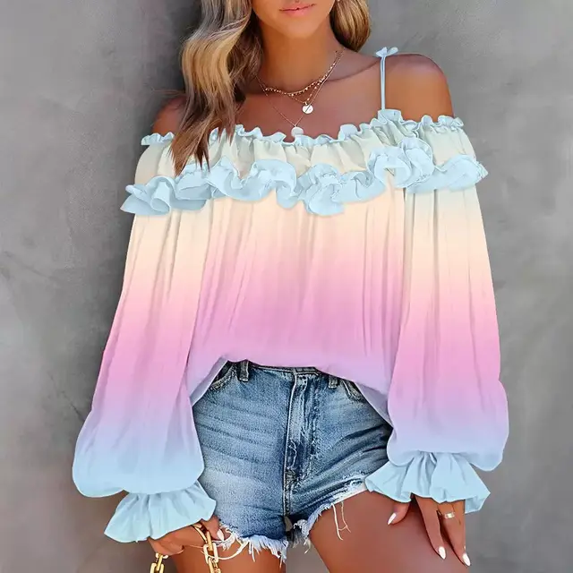 Gradient Printing Ruffled Off shoulder Long Sleeve Top Color - Shop at LoveMi