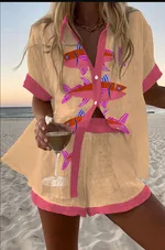 Women's Fashion Printed Casual Vacation Style Cardigan Shorts Suit - Color07-5Xl