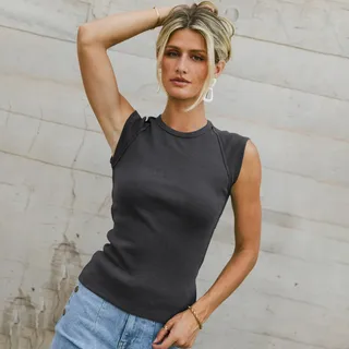 Women's Slim Sleeveless Round Neck Knitted Rib - Dark Gray