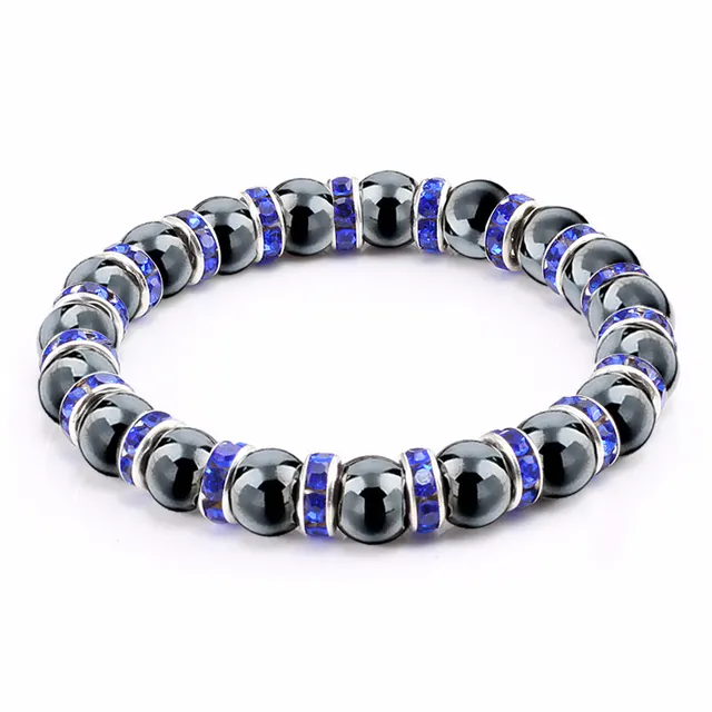 Haematite Beaded Bracelet Single Circle Couple Micro Inlay Rhinestones Silver Blue - Shop at LoveMi