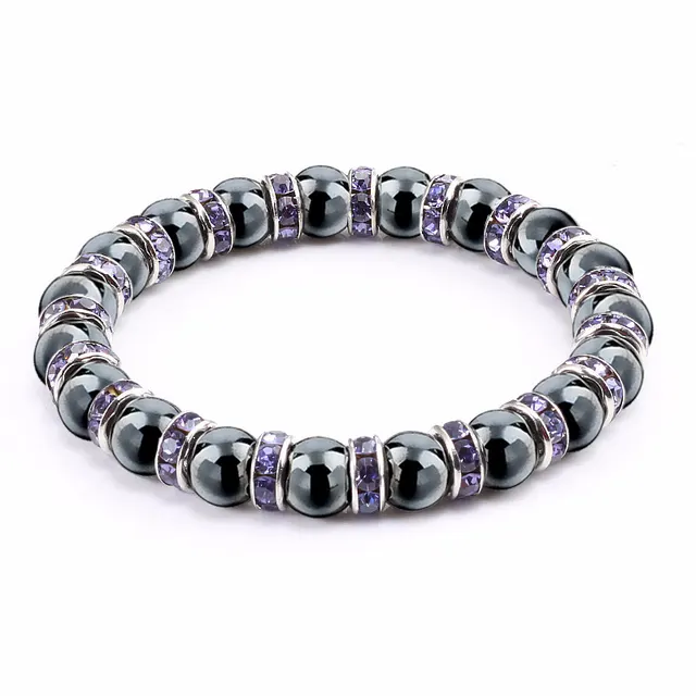 Haematite Beaded Bracelet Single Circle Couple Micro Inlay Rhinestones Silver Violet Diamond - Shop at LoveMi