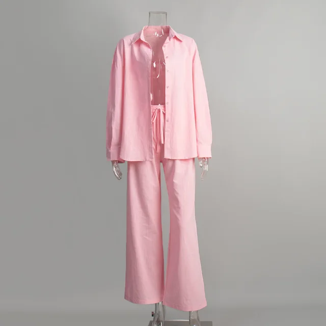 Cotton Shirt Trousers Suit Loose Long Sleeve Pink - Shop at LoveMi