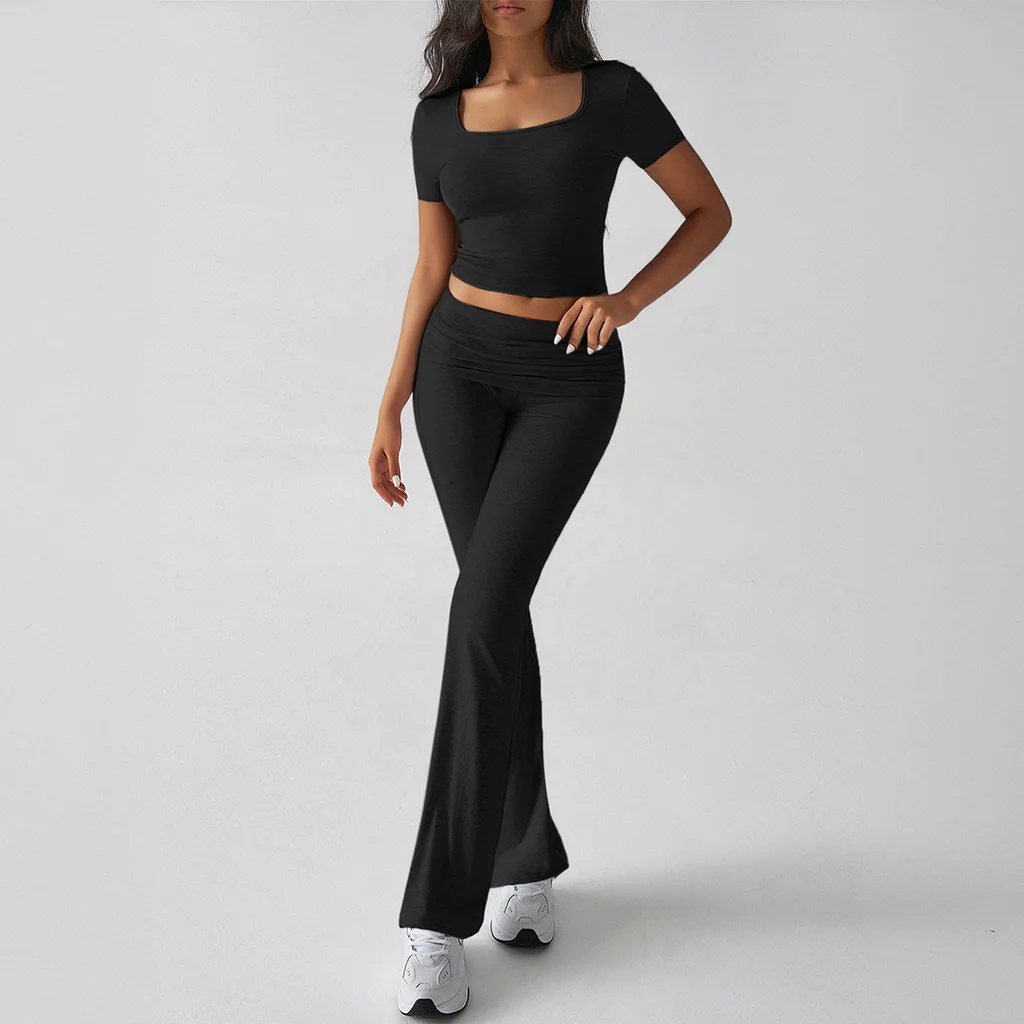 Sports Navel T-shirt Long Pants Suit Women's Clothing - Black